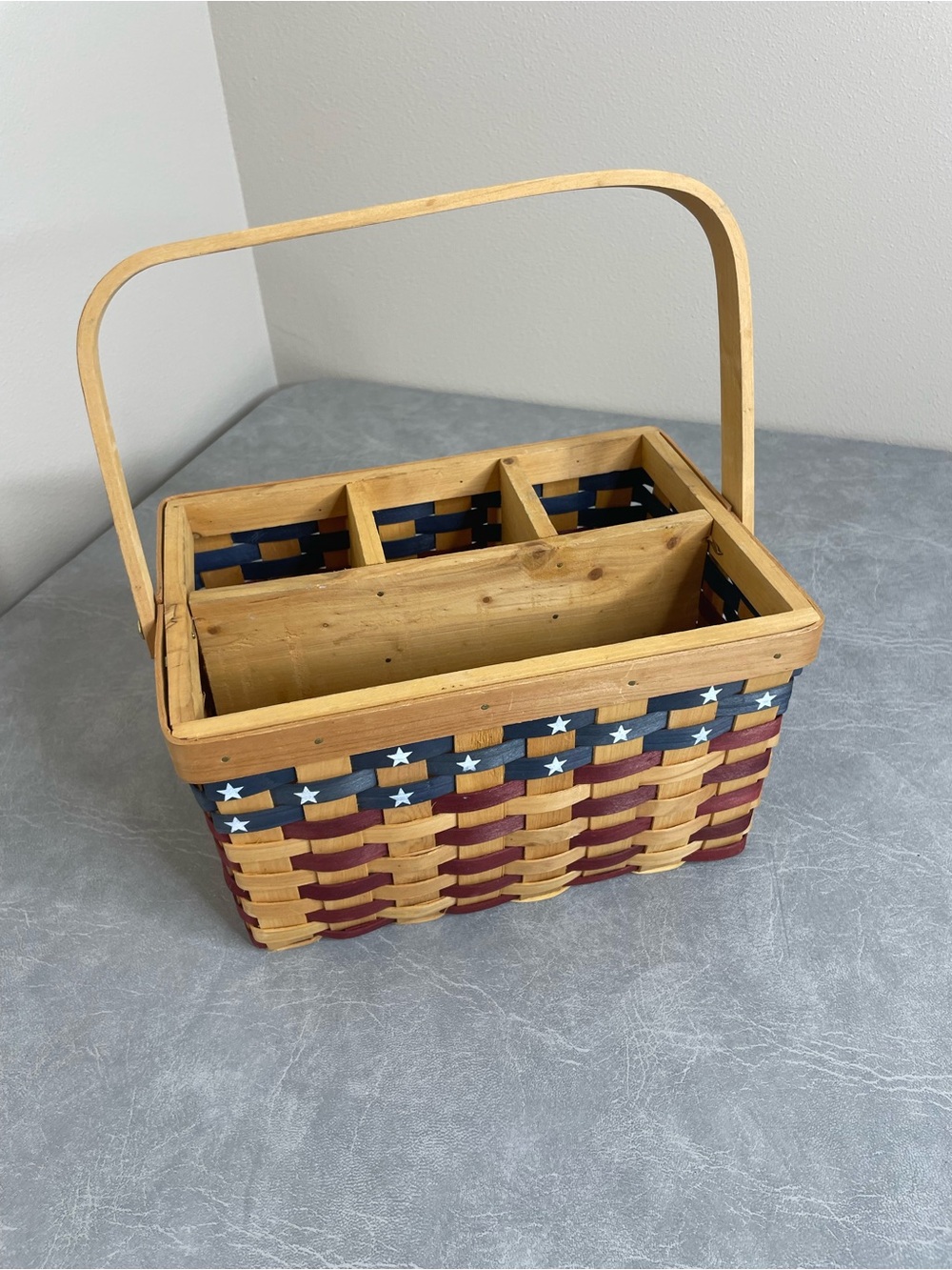 Wooden American Flag Woven Picnic Caddy Basket - Patriotic Red, Blue & Natural
